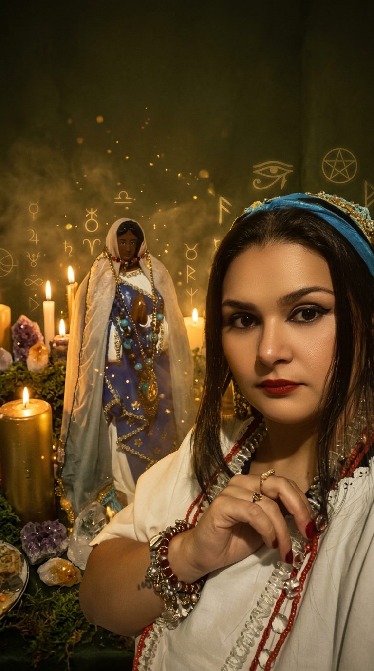 Camila de Obara diante de seu altar com velas, cristais e imagens sagradas