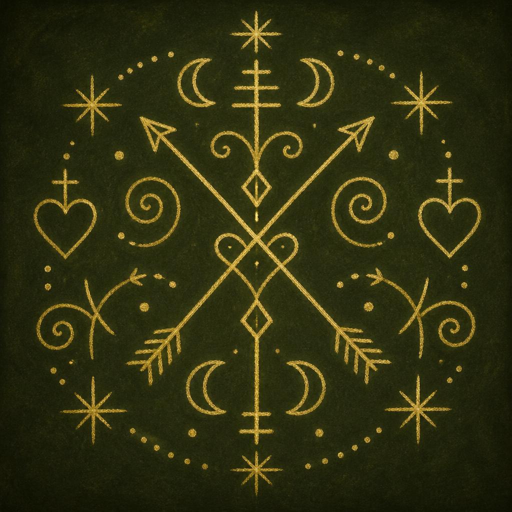 Ponto riscado dourado com flechas, luas e corações